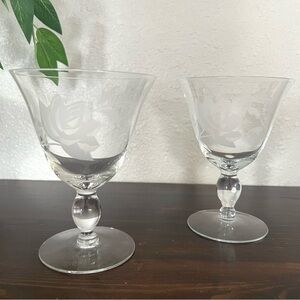 Rose Etched Wine Glasses Set of 2 Wide Mouth Clear Drinking Glass Floral Vintage